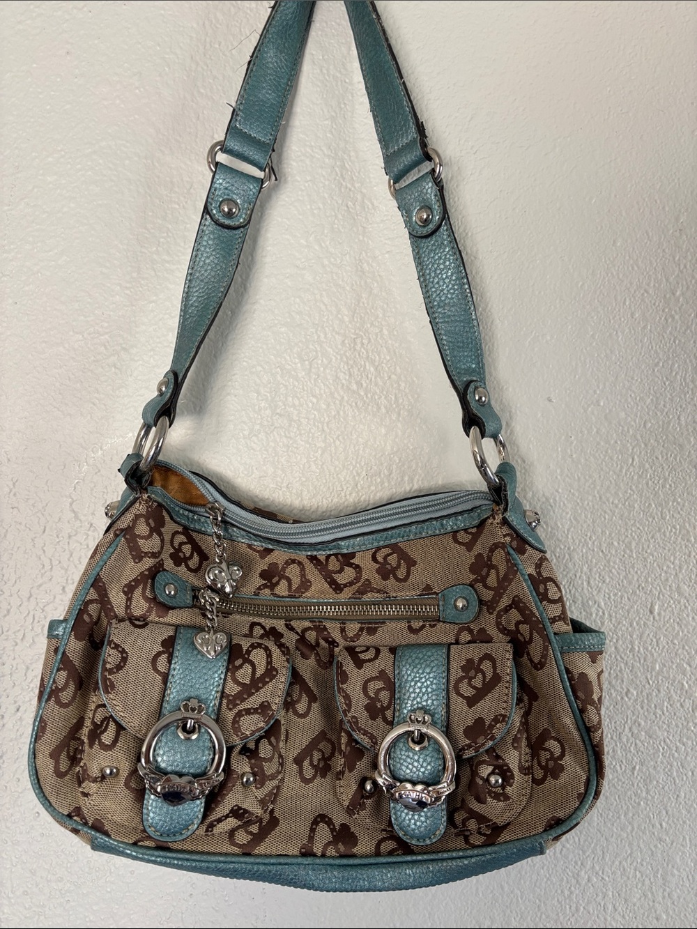 Kathy Van Zeeland Beige Logo Shoulder Bag with Teal Trim